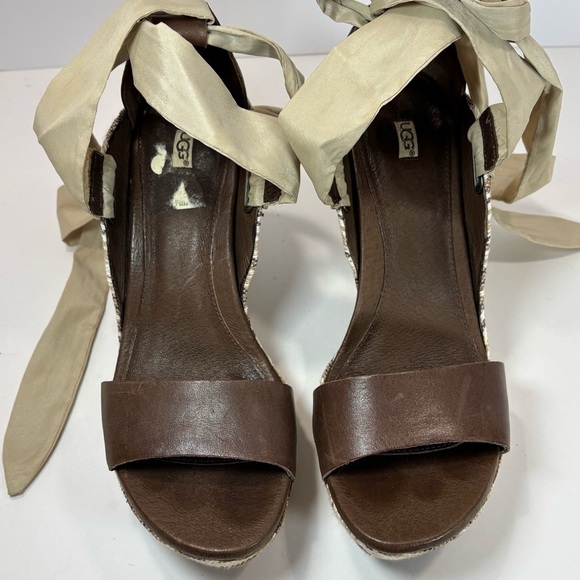 UGG Jules Tan Ribbon Strappy Tie Jute Espadrille Striped Sandals Wedge Sz 10 - Picture 9 of 12